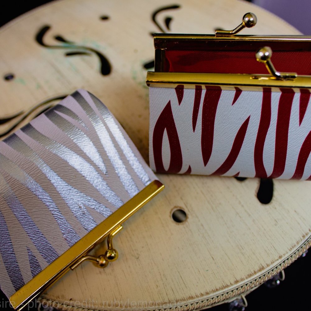 Teardrop Cosmetic or Coin Purses  - Clasp Closure - Silver or Red print.